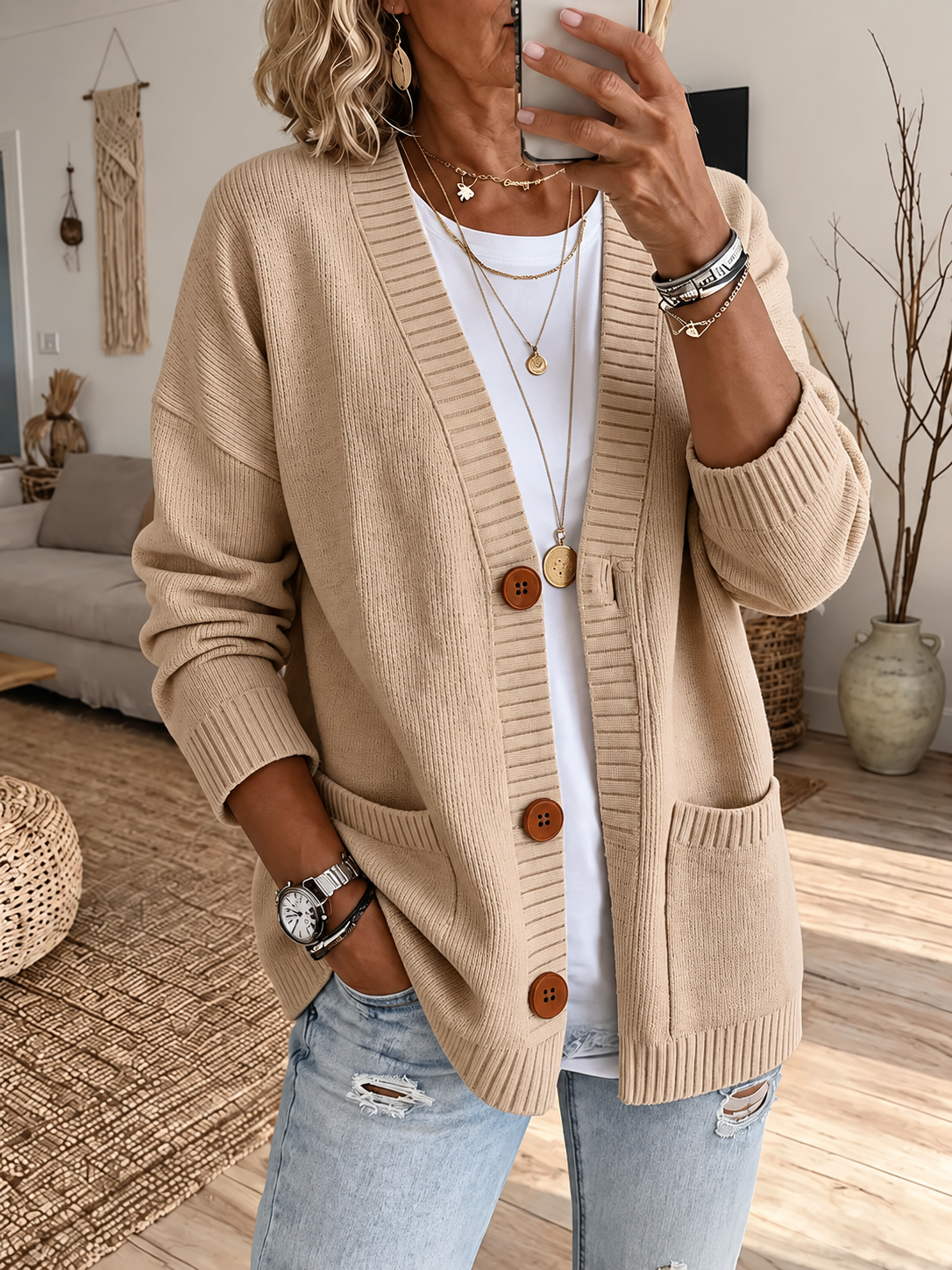 Women'S V-Neck Long-Sleeve Cardigan
