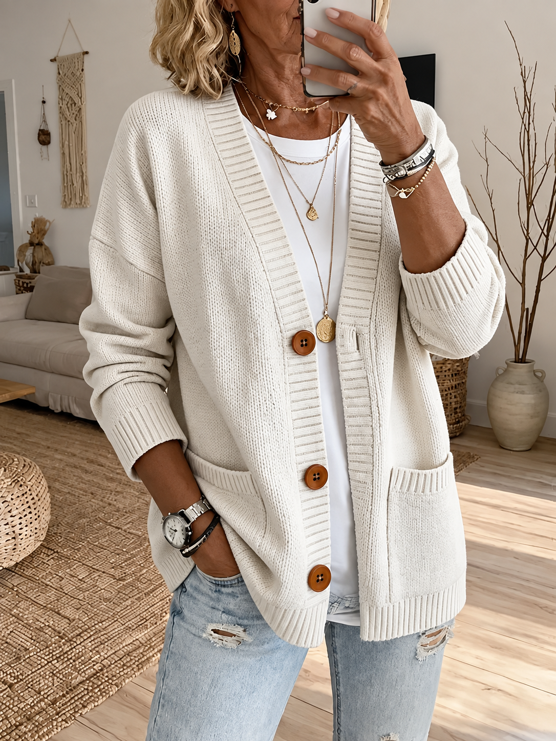 Women'S V-Neck Long-Sleeve Cardigan