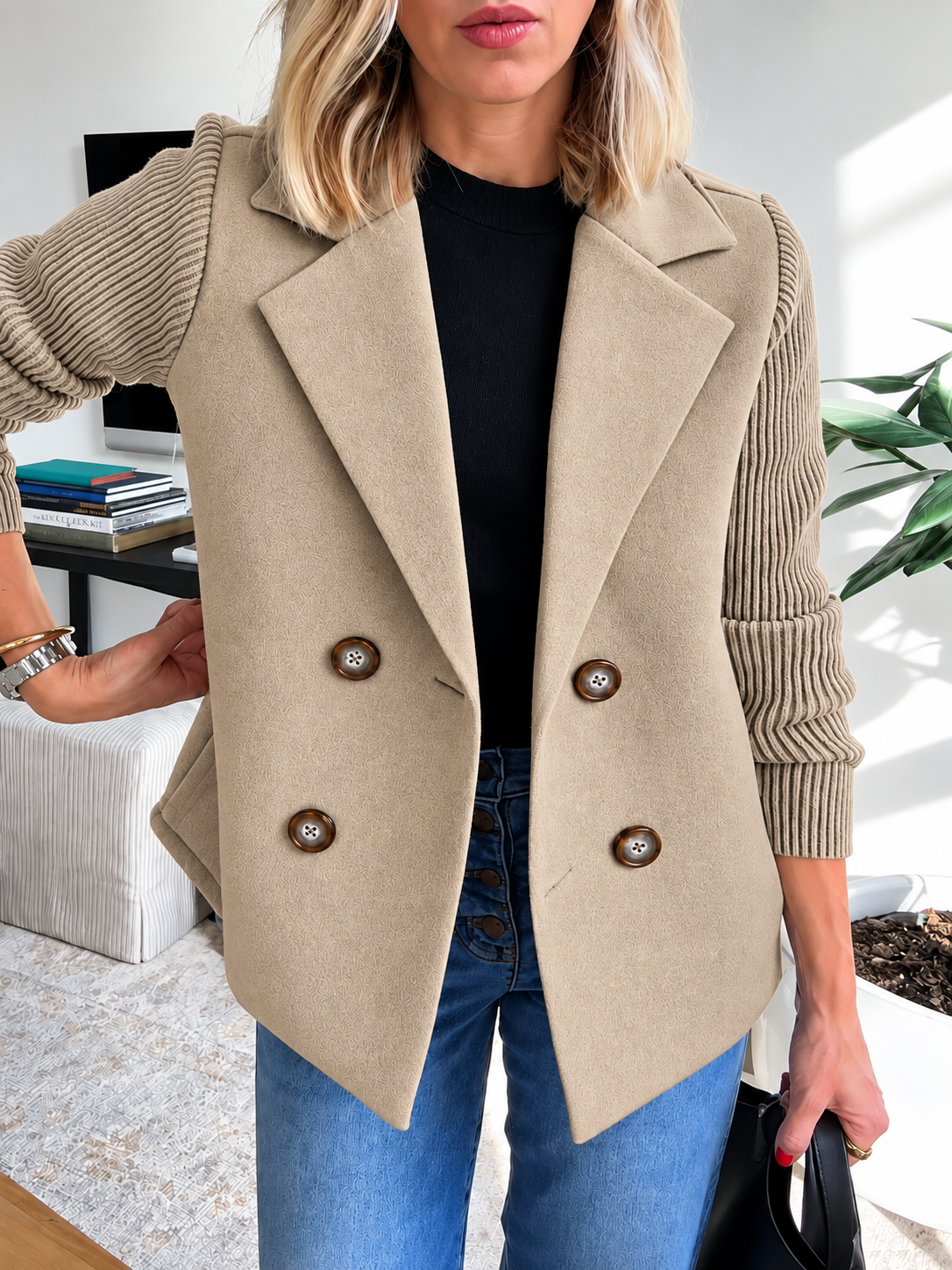 SORELLE - Elegant Knit-Sleeve Blazer